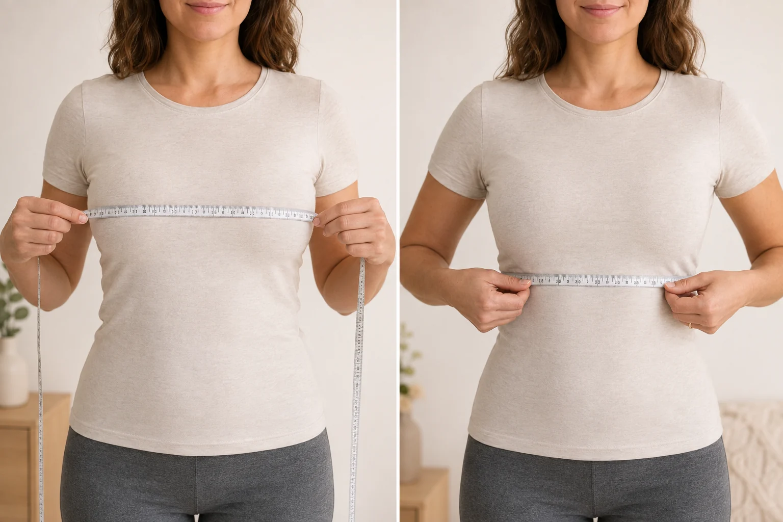 Two-panel photo showing a woman measuring her bust and underbust with a soft tape measure